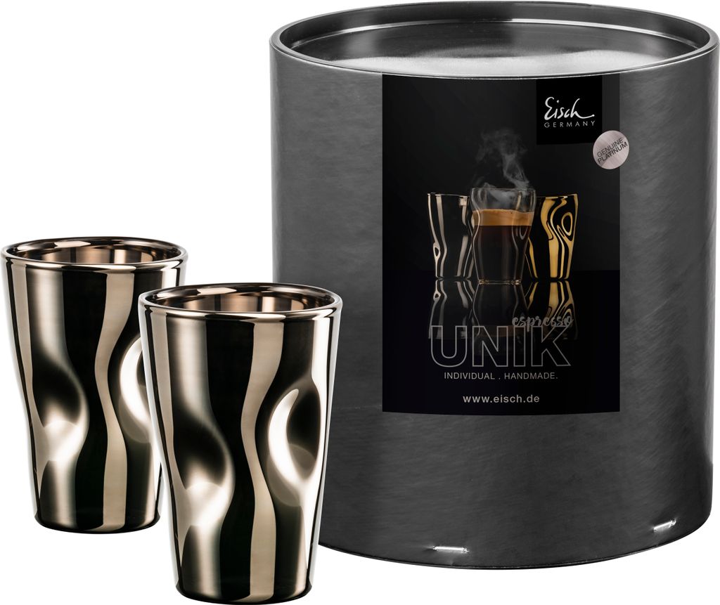 Eisch Vorteilset 2 Stück 2 Espressogläser 132/8 platin in Geschenkröhre UNIK 30013212 und Geschenk + Spende