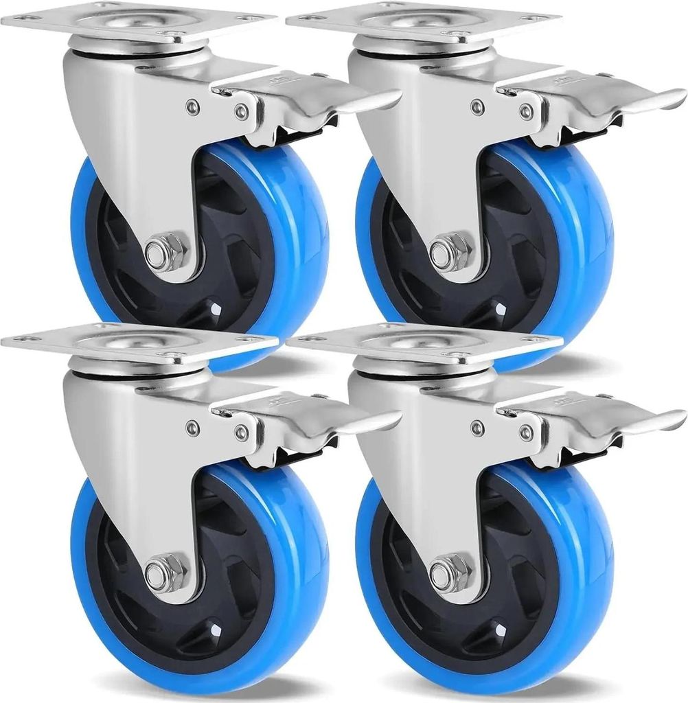 Set mit 4 - Lenkrollen für Möbel - 100 mm (10 cm) - Mit Bremse - Schwerlast - Leise und spurlos - Gummi - Blau