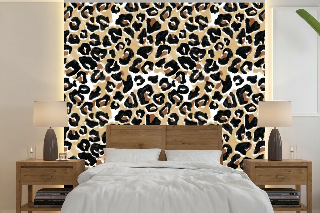MuchoWow Fototapete für Wohnzimmer oder Schlafzimmer Wandtapete Vinyl Motivtapete Tierdruck - Panther - Braun - Aquarell - 280x280 cm - Hintergr...
