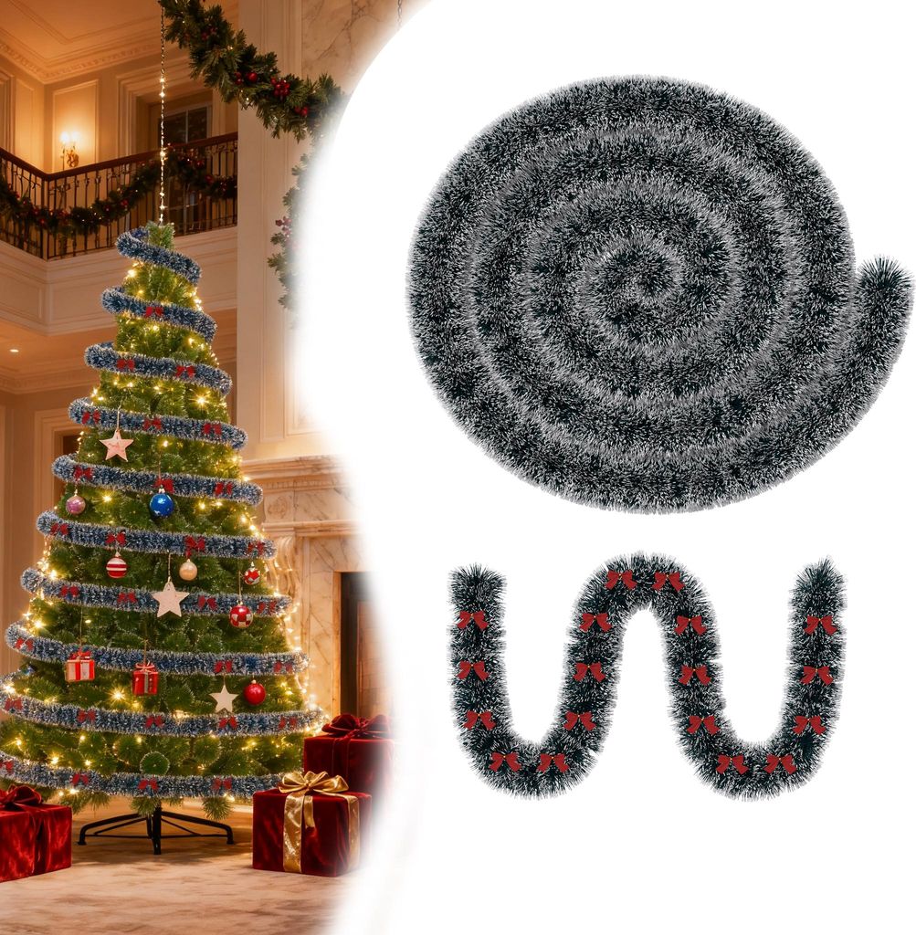 UISEBRT 15m Weihnachtsgirlande Tannengirlande mit Schleife Weihnachtsdeko Türkranz Treppe Baum Festliche Dekoration Christbaumschmuck Weiß Kante
