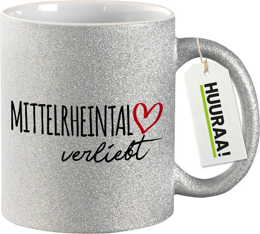 Huuraa Glitzertasse Mittelrheintal verliebt 330ml Silber Keramik Kaffeebecher Geschenkidee