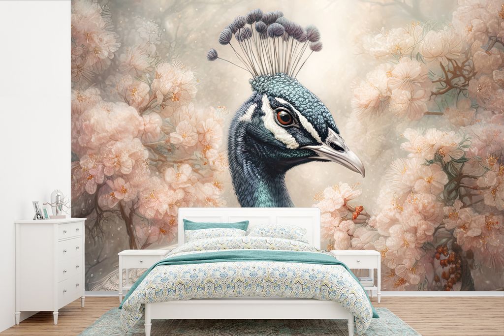 MuchoWow Fototapete für Wohnzimmer oder Schlafzimmer Wandtapete Vinyl Motivtapete Pfau - Vögel - Blumen - Baum - Botanisch - 390x260 cm - Papie...