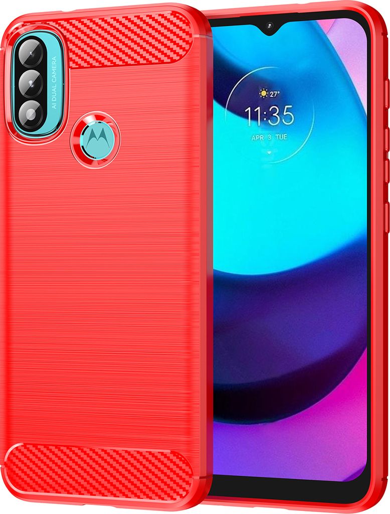 Moto E20 / E30 / E40 Hülle, Carbon-Faser TPU Silikon Stoßfest Schutzhülle für Motorola Moto E20 / E30 / E40 Rot