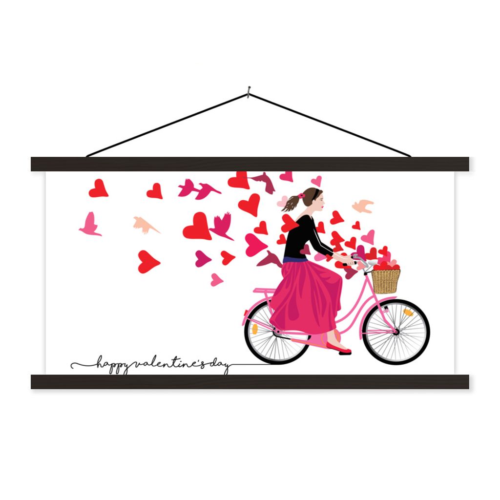 MuchoWow Textilposter Eine Illustration einer Frau auf einem Fahrrad mit einem Korb voller Herzen 150x75 cm mit schwarzem Rahmen - Posterleiste