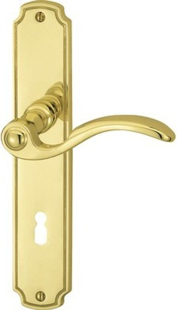 A brass door handle set with a keyhole on a white background.