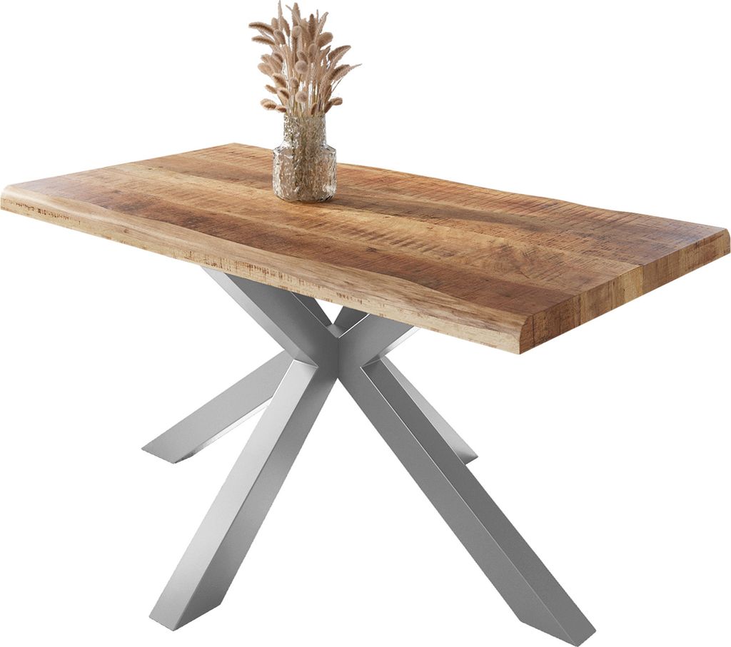 Esstisch Baumkante massiv Mango rough 120 x 80 Spider-Gestell silber ATLAS