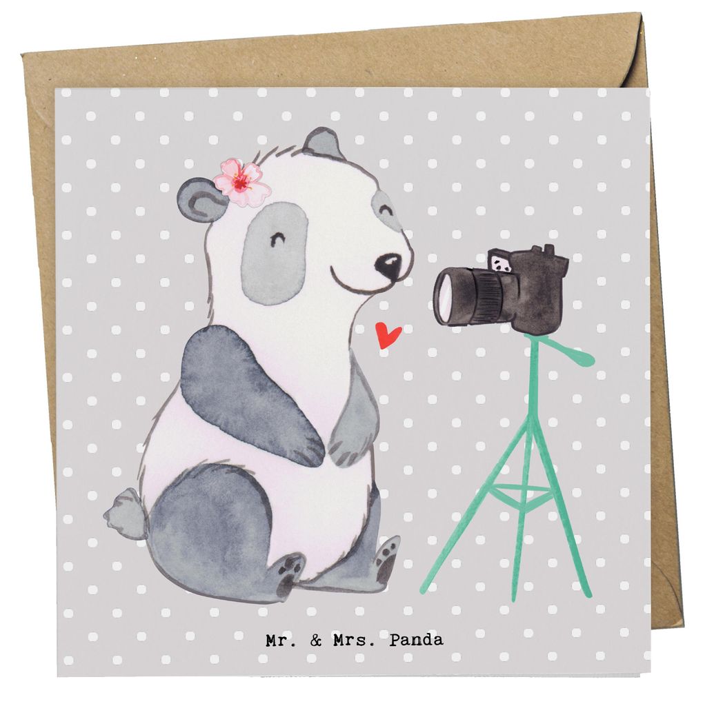 Mr. & Mrs. Panda Klappkarte Vloggerin Herz - Grau Pastell - Geschenk, anlasskarte, Glückwunschkarte, doppelkarte, faltkarte, Grußkarte