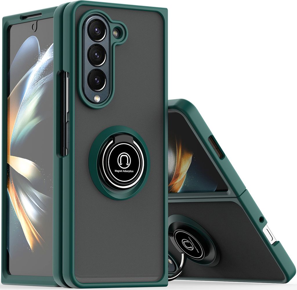 Hülle für Samsung Galaxy Z Fold 5 Ring Halter Ständer Matte Transluzent TPU Rahmen Stoßfest Schutzhülle Grün