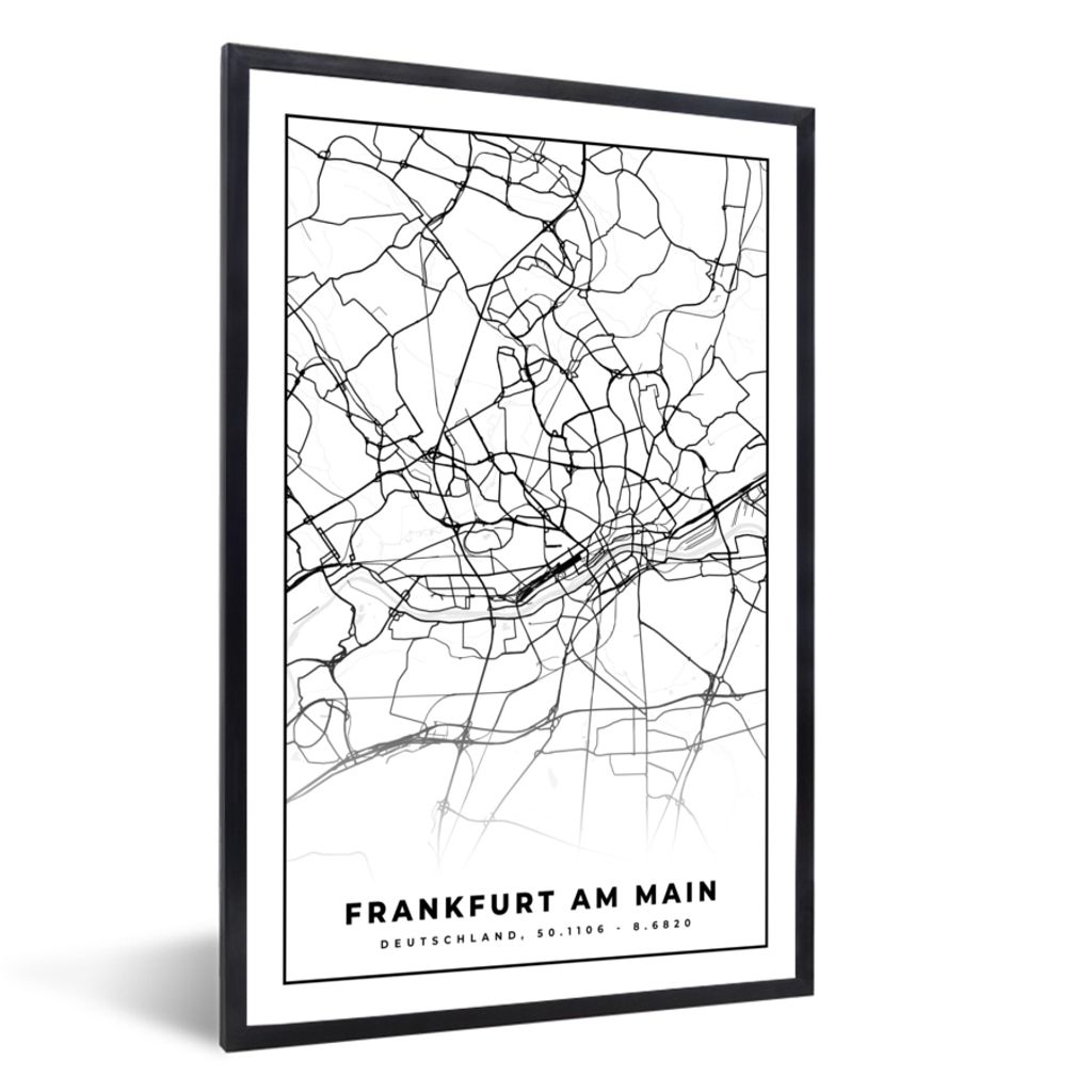 MuchoWow Gerahmtes Poster Karte - Frankfurt am Main - Stadtplan 40x60 cm - Poster mit Schwarzem Bilderrahmen Wandposter Rahmen Foto Bilder - Papi...