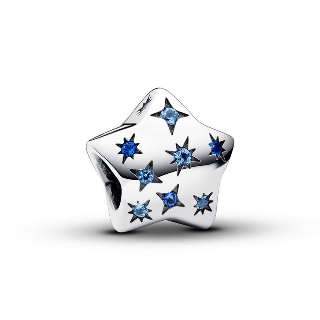A silver star-shaped charm with blue gemstones, set against a white background.