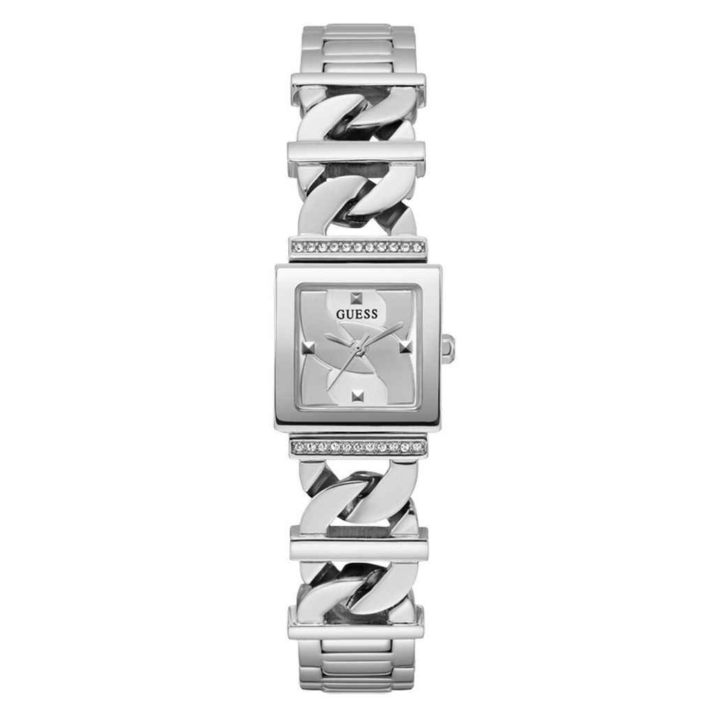 A silver Guess watch with a square face and a chunky chain-link bracelet.