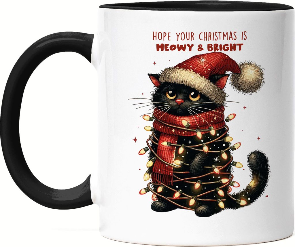 Hope Your Christmas Is Meowy Bright Lustiges Katzenmotiv Tasse Schwarz Geschenkidee witziges Design Weihnachten