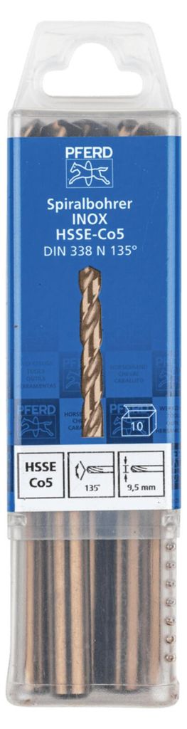 PFERD TOOLS Spiralbohrer INOX Ø 9,5 mm HSS-E Co5 N DIN 338 135° für zähe und harte Werkstoffe 10 Stk