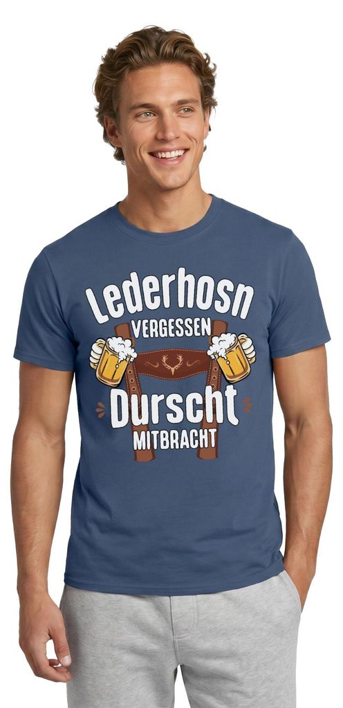 Spreadshirt Lederhose Vergessen Durscht Mitgebracht Trachten Männer T-Shirt, XXL, Dunkles Denimblau