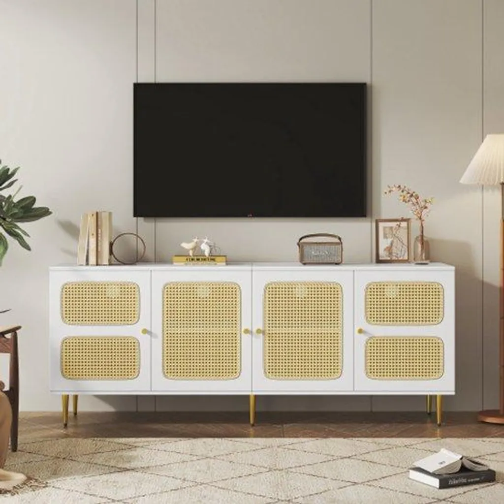 Banc TV blanc et rotin de 180 cm - Buffet multimédia à 4 compartiments