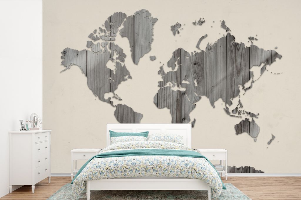 MuchoWow Fototapete für Wohnzimmer oder Schlafzimmer Wandtapete Vinyl Motivtapete Weltkarte - Beige - Schwarz - Weiß - 360x240 cm - Vinyl-Tapete