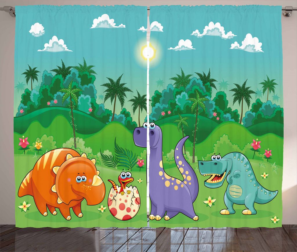 ABAKUHAUS Kindergarten Rustikaler Gardine, Lustige Dinosaurier-Karikatur, Schlafzimmer Kräuselband Vorhang mit Schlaufen und Haken, 280 x 245 cm, ...