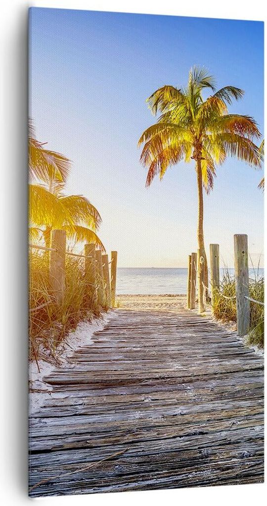 Bild auf Leinwand - Leinwandbild - Einteilig - Strand Palmen Fußgängerbrücke - 65x120cm - Wand Bild - Wanddeko - Wandbilder - Leinwanddruck - Bi...
