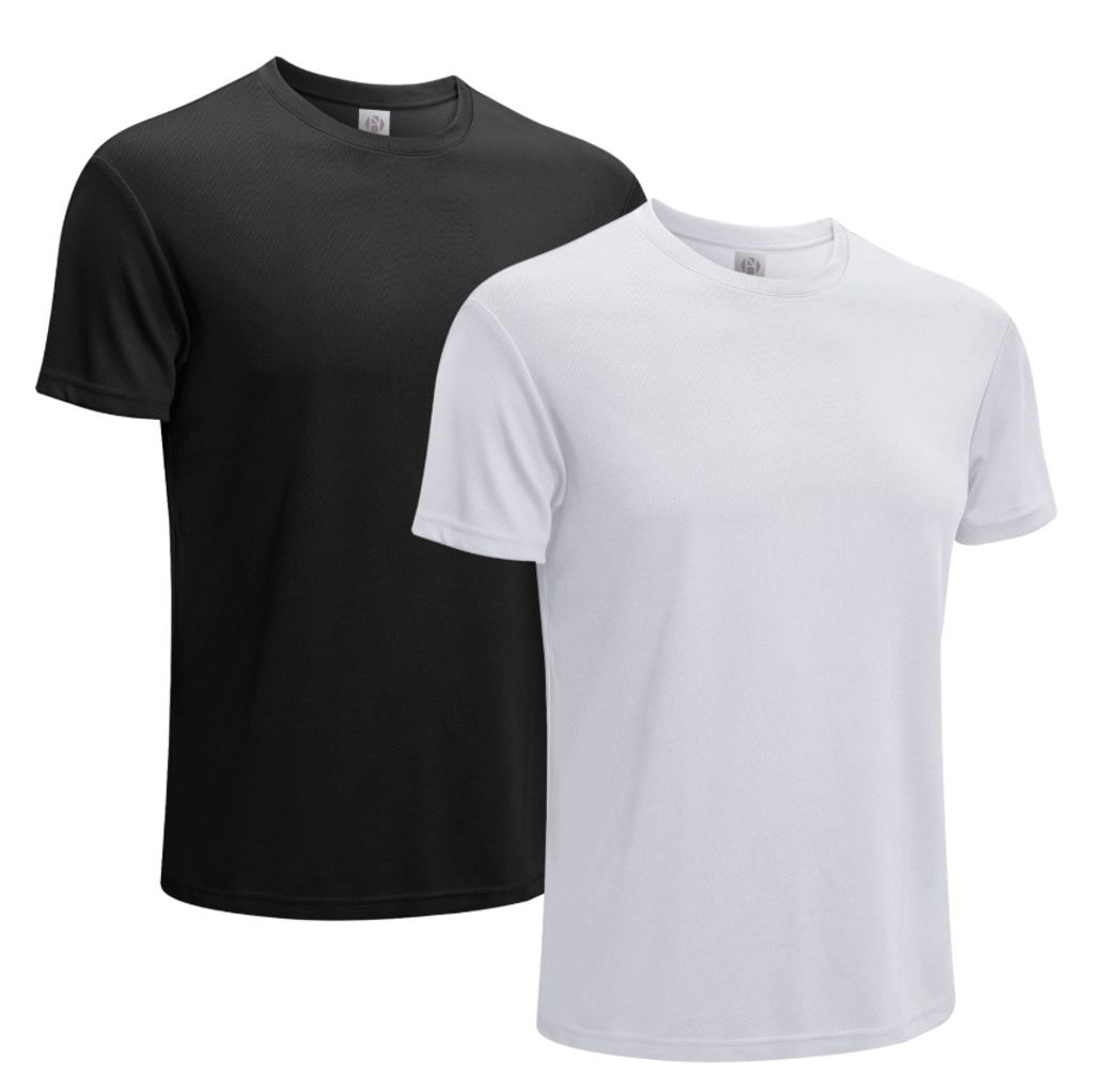 2 STÜCK Herren Basic Sport T-Shirts Quick Dry Kurzarm Funktionsshirt - Schwarz+Weiß L