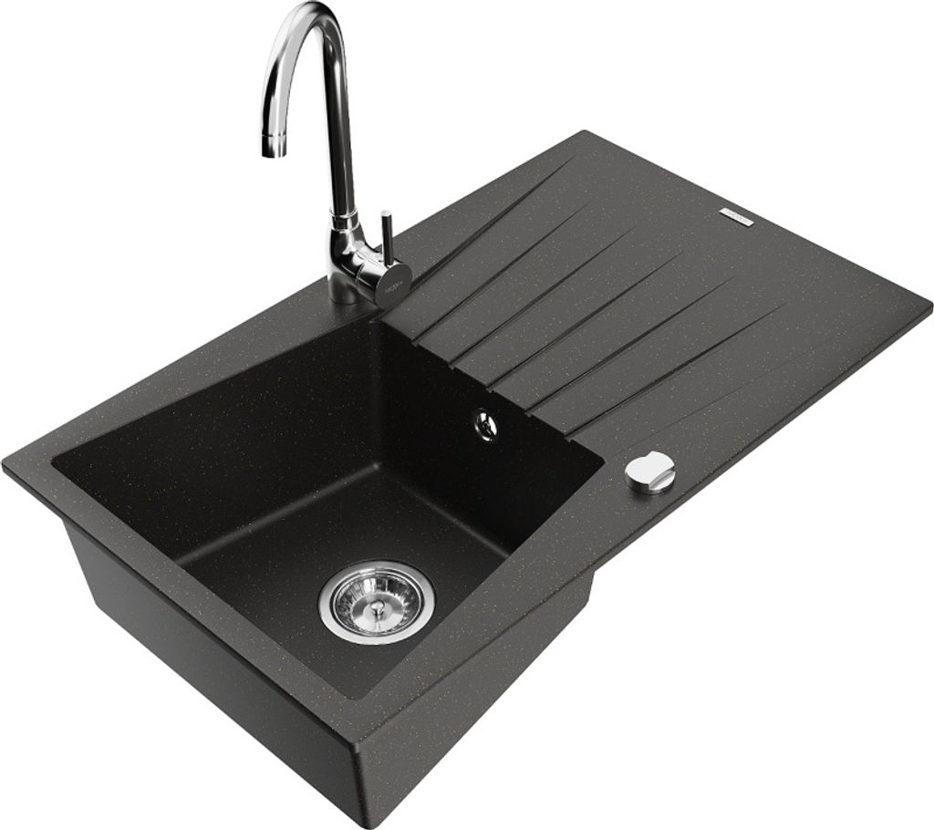 Mexen Cesar 1 Becken-Granitspüle mit Abtropffläche und Mischbatterie Telma, Schwarz/Gold - 6514-75-670200-00