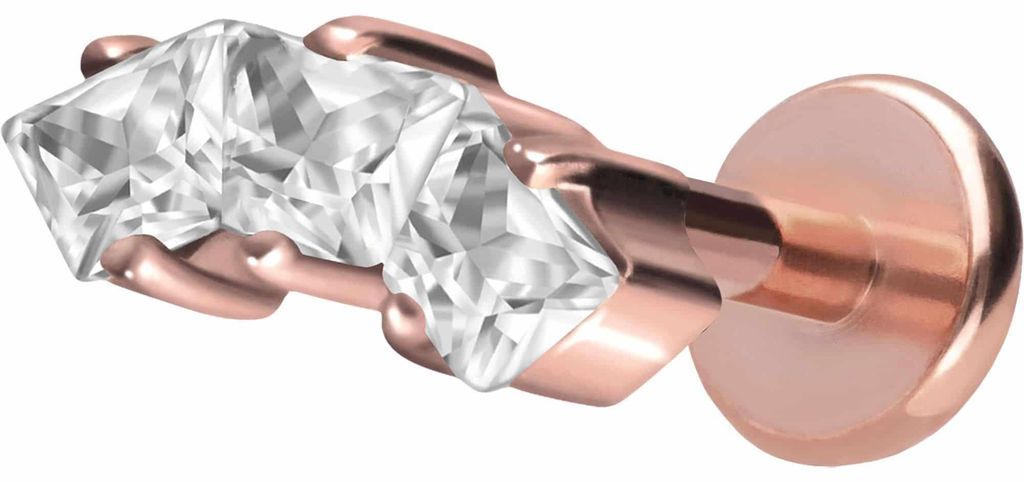 Ohrpiercing, Nasenpiercing Titan Labret mit Push Fit EINGEFASSTE KRISTALLTRAPEZE RoséGold Stablänge: 10mm | Stabstärke: 1mm | Discgröße: 3 x 8...