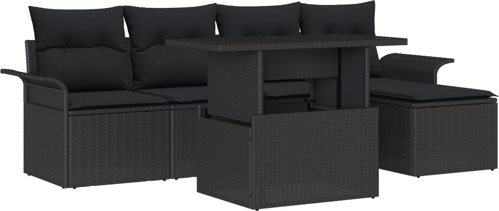 6-teiliges Garten Sofa Set mit Kissen Schwarz Poly Rattan, Gartensofas DesignMöbel Neu