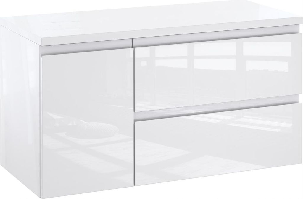 Furni Badunterschrank 90 cm Rechts mit Waschtischplatte – Weiß Hochglanz Vormontiert, Waschbeckenunterschrank für Aufsatzwaschbecken