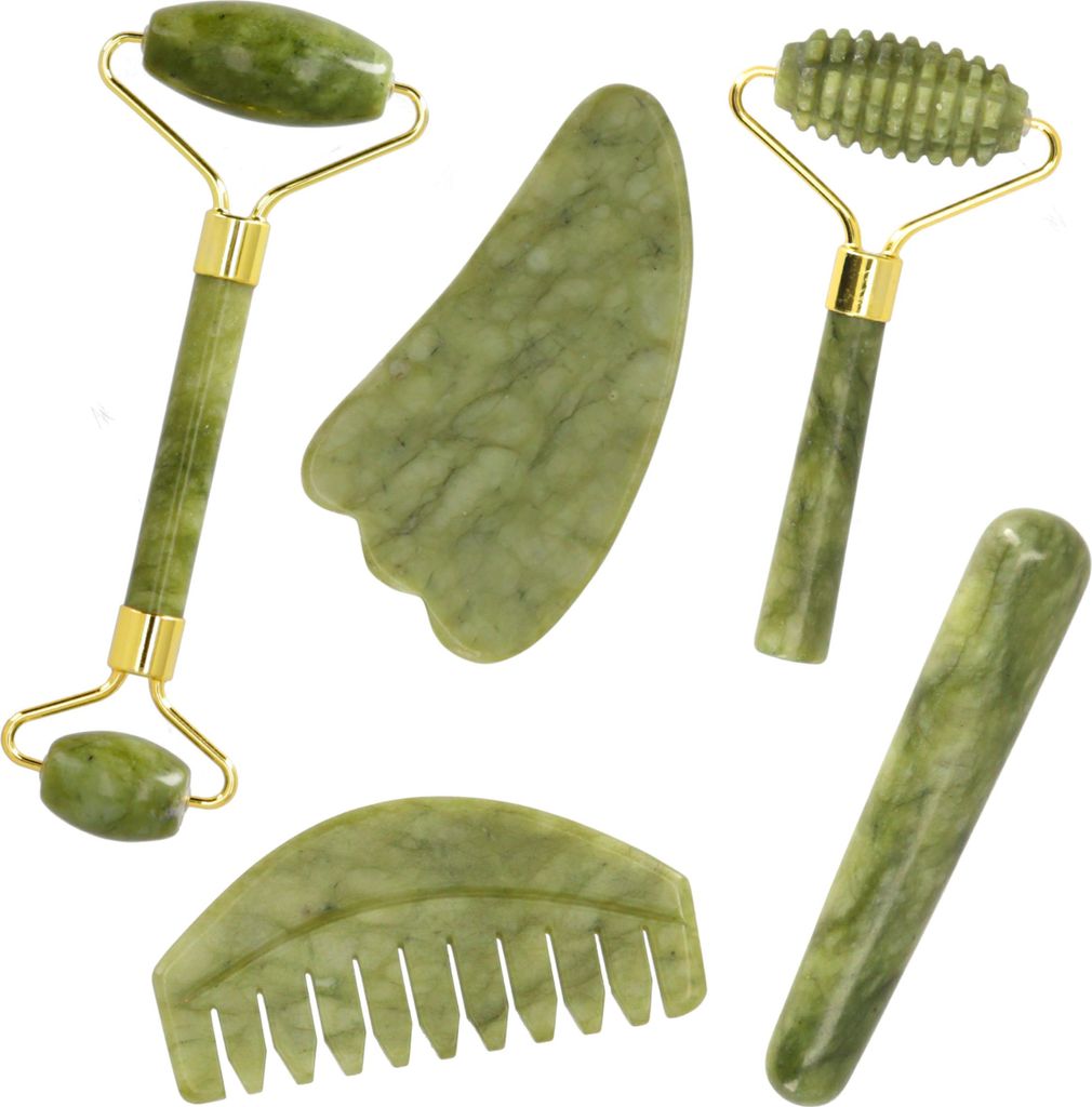 Lantelme Jade Stein Set zur Massage 5 Tlg Gesichtsroller Massagestab Kamm Gesichts Körpermassage Anti Körper Arm Beine Gesicht Jadestein Roller Stab
