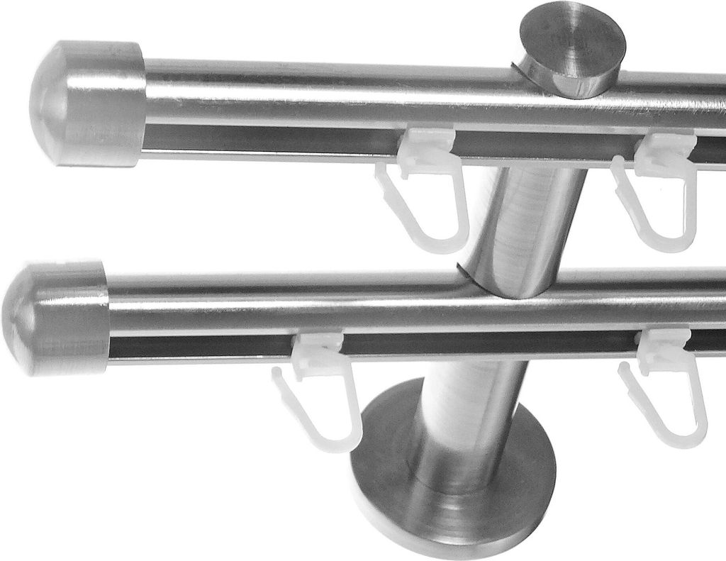 Innenlauf Gardinenstange Edelstahl look, Durchmesser 16mm, Wandträger H80, 2-läufig, Länge 600, Endkappe E17