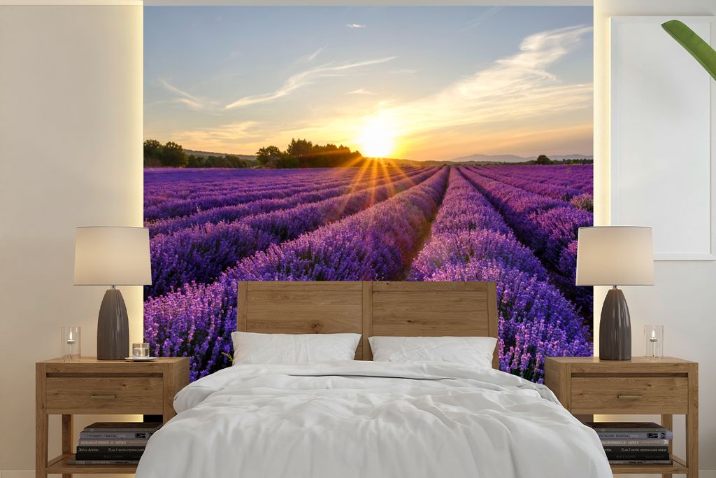 MuchoWow Fototapete für Wohnzimmer oder Schlafzimmer Wandtapete Vinyl Motivtapete Lavendel - Blumen - Sonnenuntergang - Lila - 300x300 cm - Wand...