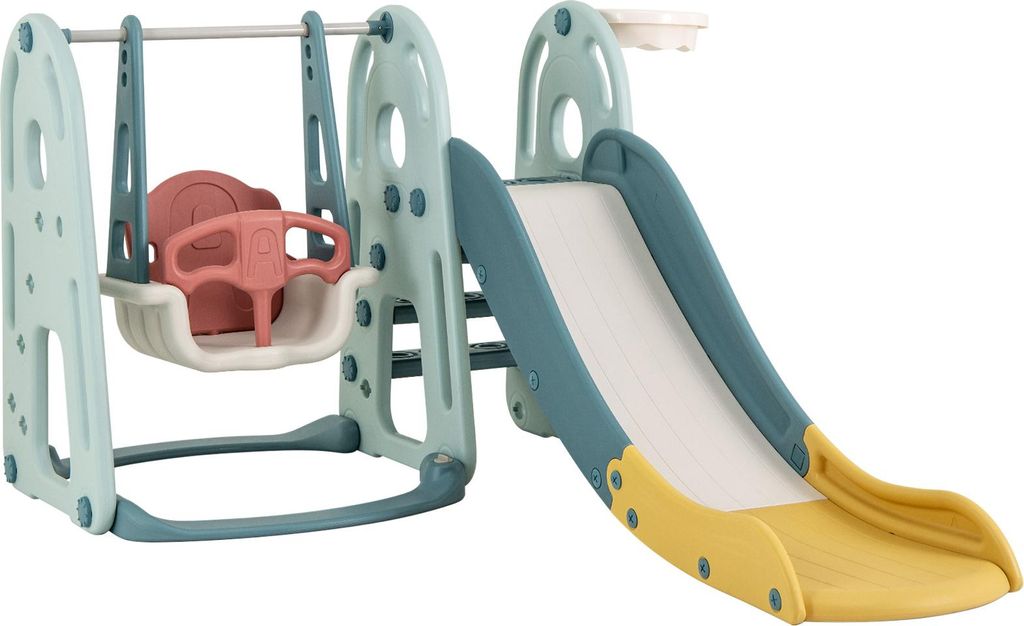 GOPLUS 4 in 1 Kinderschaukel, Kinderrutsche mit Schaukel, Basketballkorb und Klettergerüst, Spielplatz inkl. Grün+Gelb