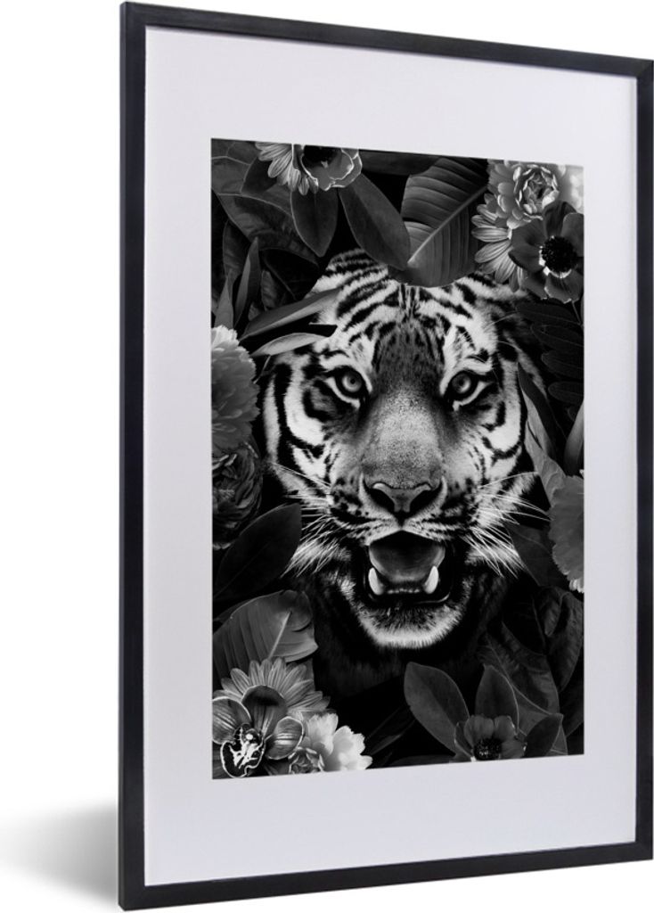 MuchoWow Gerahmtes Poster Tiger zwischen den Blumen - schwarz und weiß 40x60 cm - Poster mit Schwarzem Bilderrahmen Wandposter Rahmen Foto Bilde...
