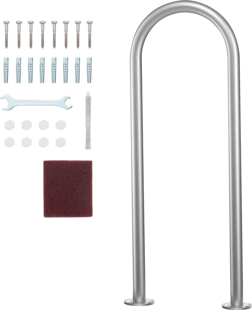 A silver pool handrail and its mounting hardware are laid out on a white background.