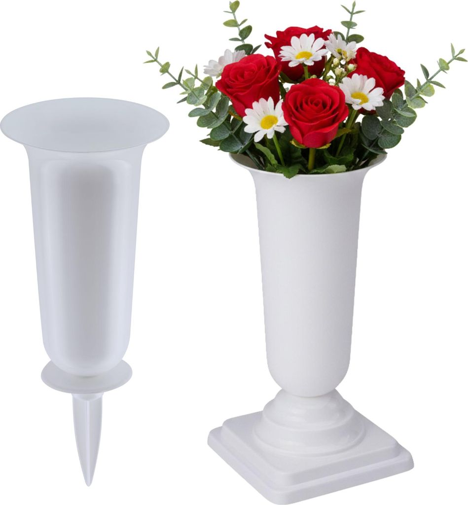 Grabvasen mit Erdspieß und Sockel 2er Set (31, 32 cm) weiss