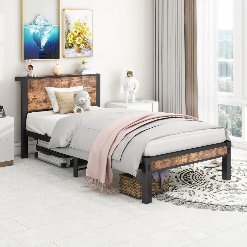 Lit plateforme métallique 90x200cm avec sommier intégré et tablette