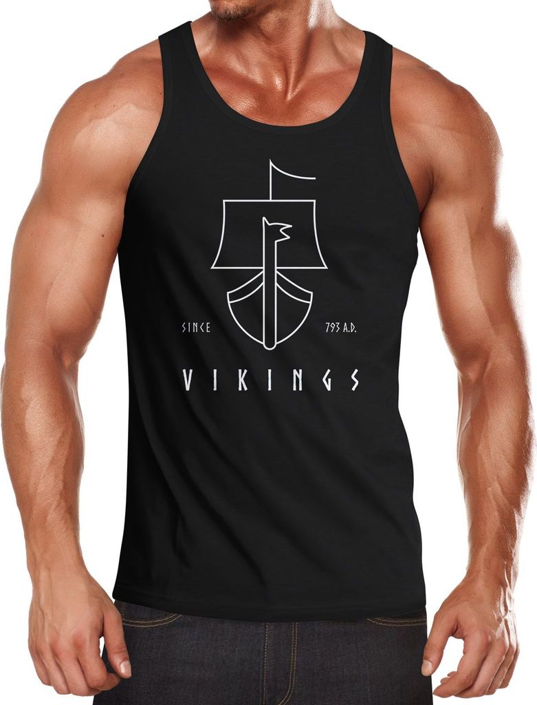Herren Tanktop Wikinger Schiff Vikings Lineart Slim Fit Neverless schwarz XXL