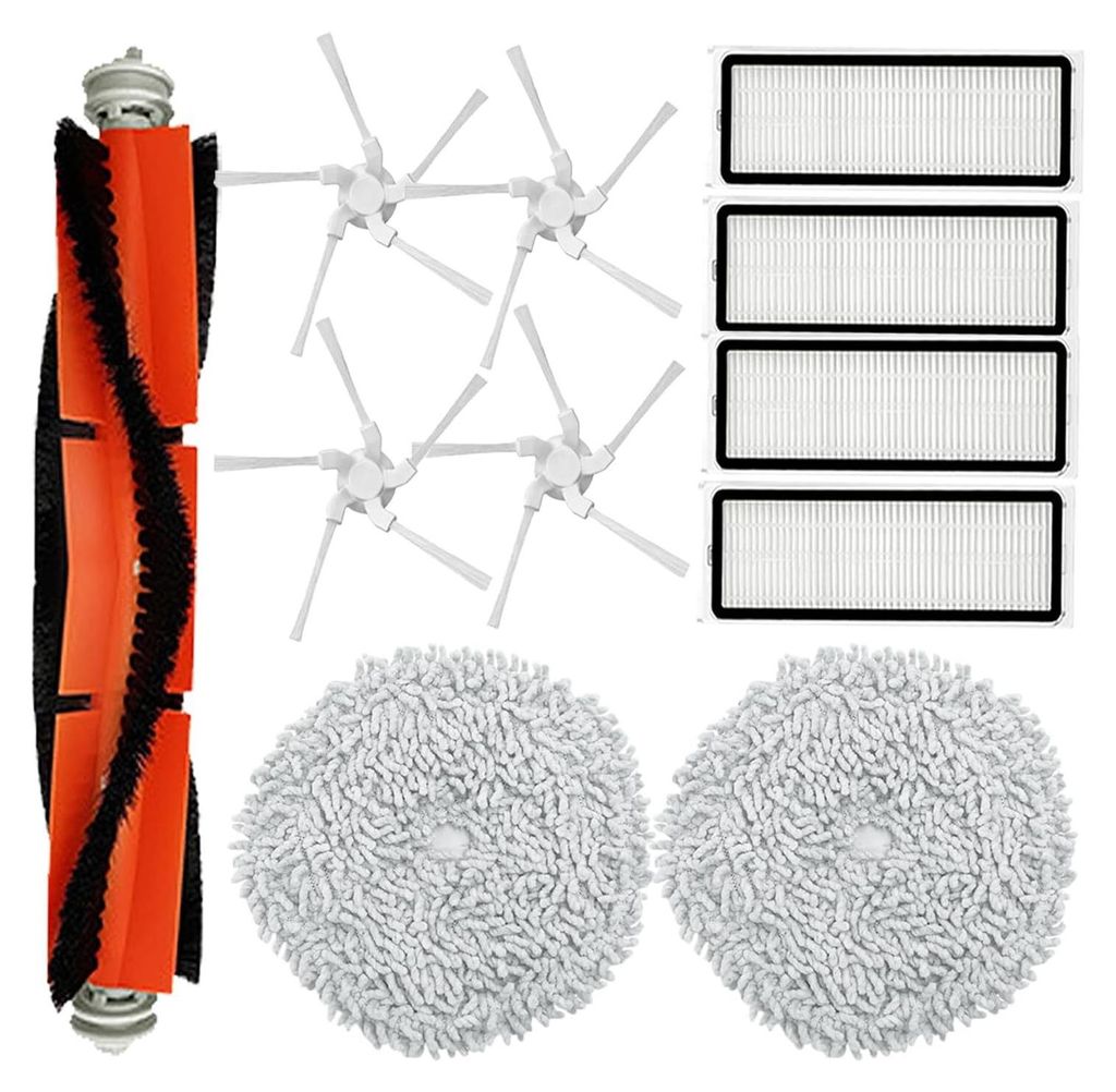 A collection of robot vacuum cleaner replacement parts arranged on a white background.