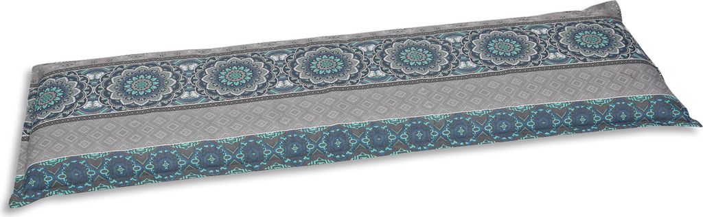 A long, rectangular pillow or cushion with a patterned fabric cover.