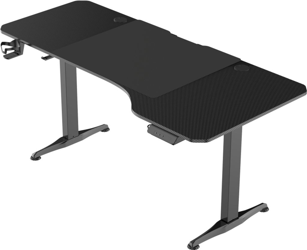A black gaming desk with an adjustable height feature.
