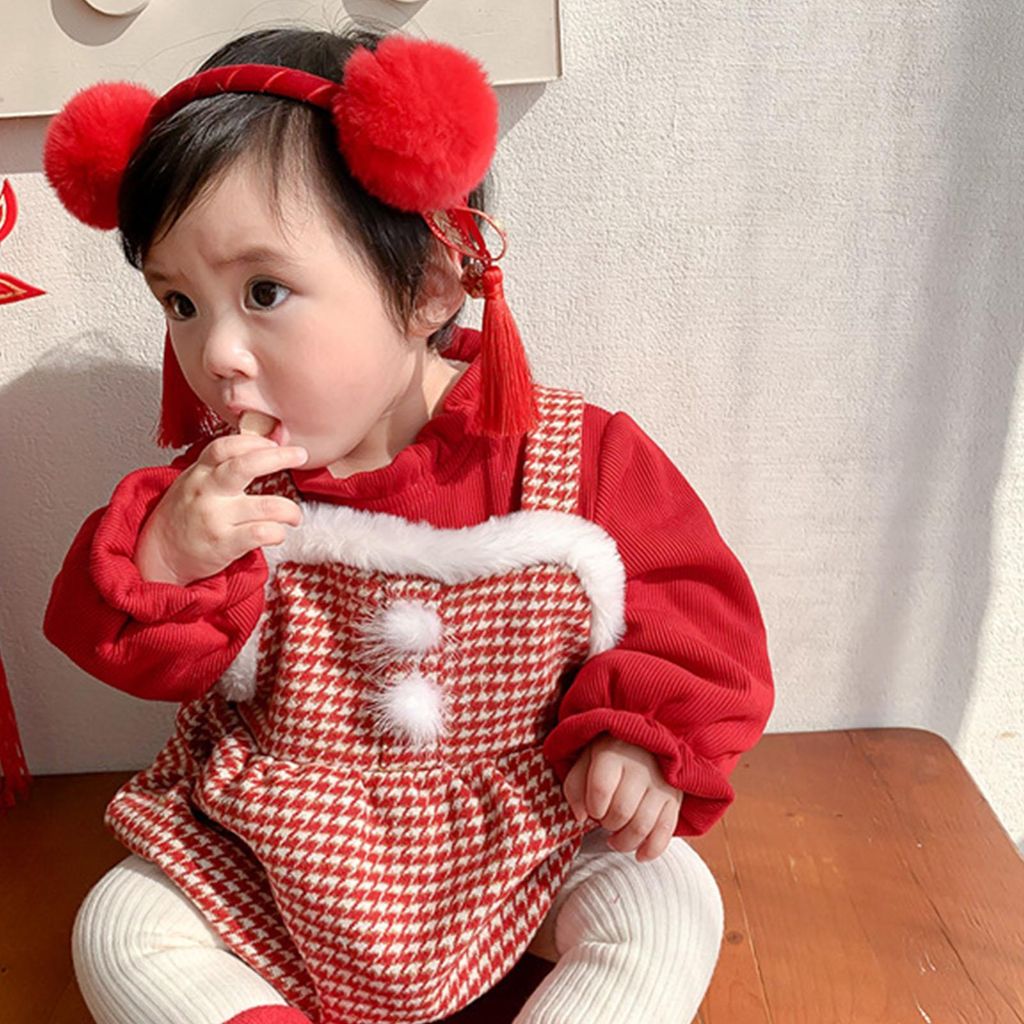 Mädchen karierte Hosenträger-Kleidung, hübsch, süß, langärmelig, gefälschtes 2-teiliges Baby-Outfit für Herbst und Winter, 73 cm