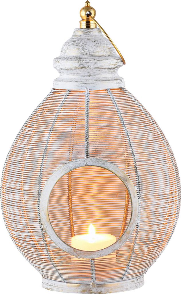 Marrakesch Boho Deko Windlicht Laterne 32cm antik aus Metall in weiß | Teelichthalter als Tischdeko Wohnzimmer Deko | Kerzenhalter Windlichter Tam...