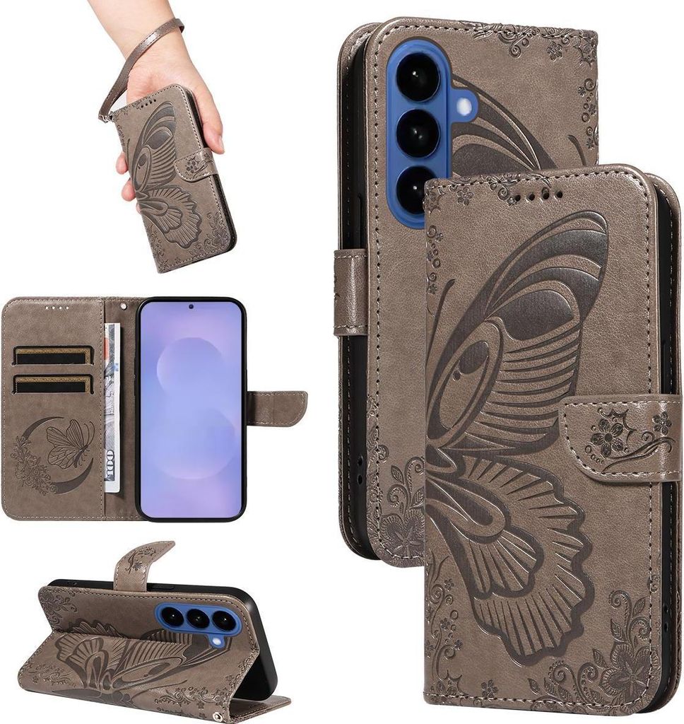 Mobigear Butterfly Samsung Galaxy S26 Plus Hülle Klapphülle Geldbörse - Grau