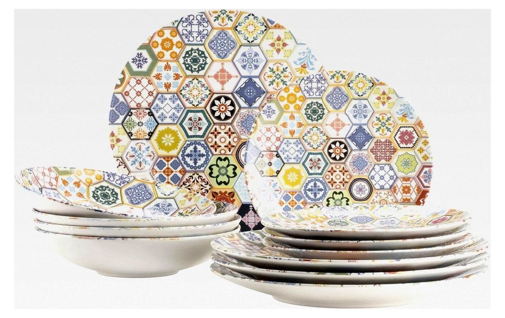 Amarante Serie, 12-teiliges Tafelservice für 4 Personen mit Fliesendekor, Teller Set aus Suppentellern, Speisetellern und Desserttellern mit bunte...