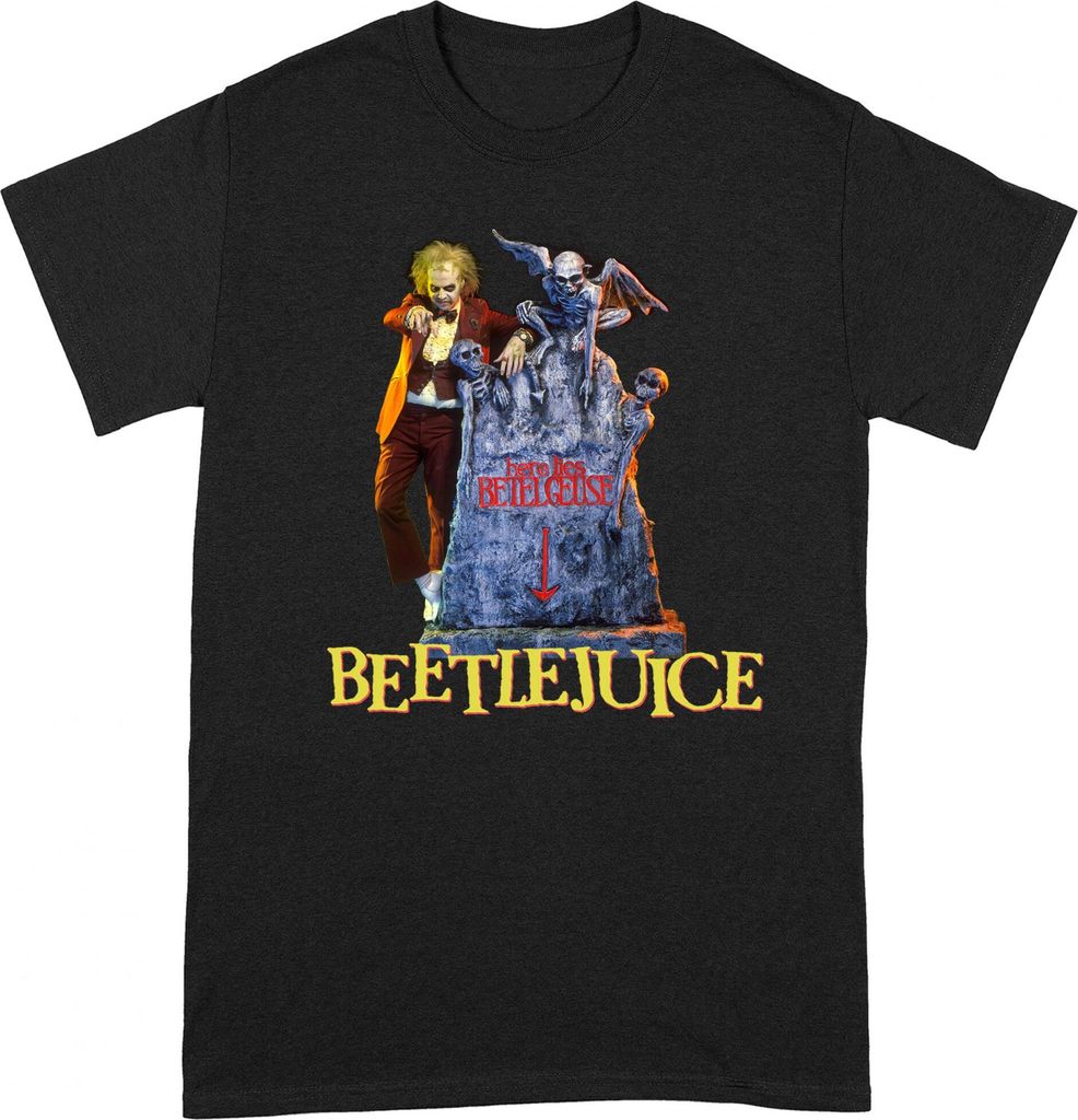 Beetlejuice - "Here Lies" T-Shirt für Herren/Damen Uni BI256 (S) (Schwarz/Gelb)