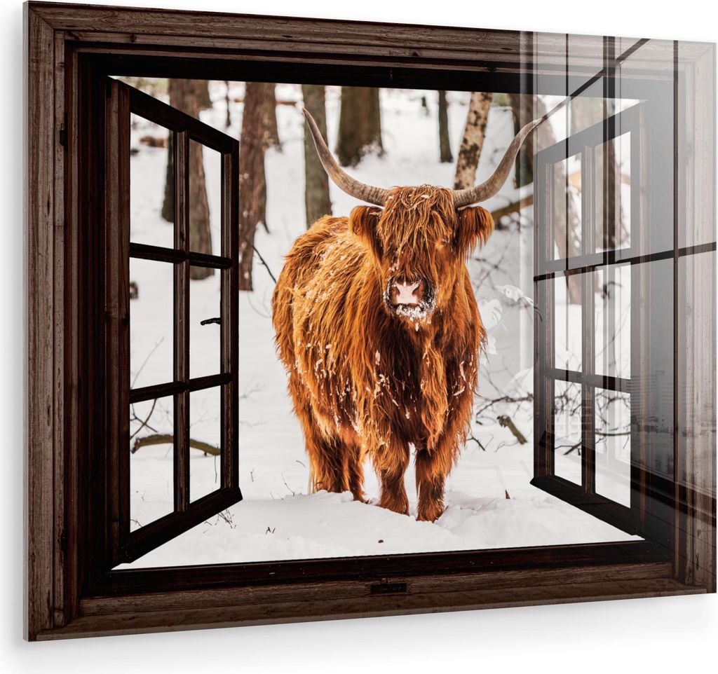 MuchoWow Glasbilder - Bilder auf Wandbild - Foto auf Glas Schottisches Hochlandrind - Schnee - Natur - Tiere - Durchsichtig - Winter 40x30 cm Wandd...