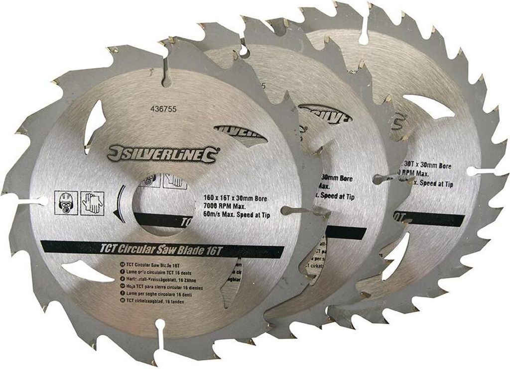 Silverline Hartmetall-Kreissägeblätter, 16, 24 u. 30 Zähne, 3er-Pckg. 160 x 30, Reduzierstücke: 20, 16 und 10 mm