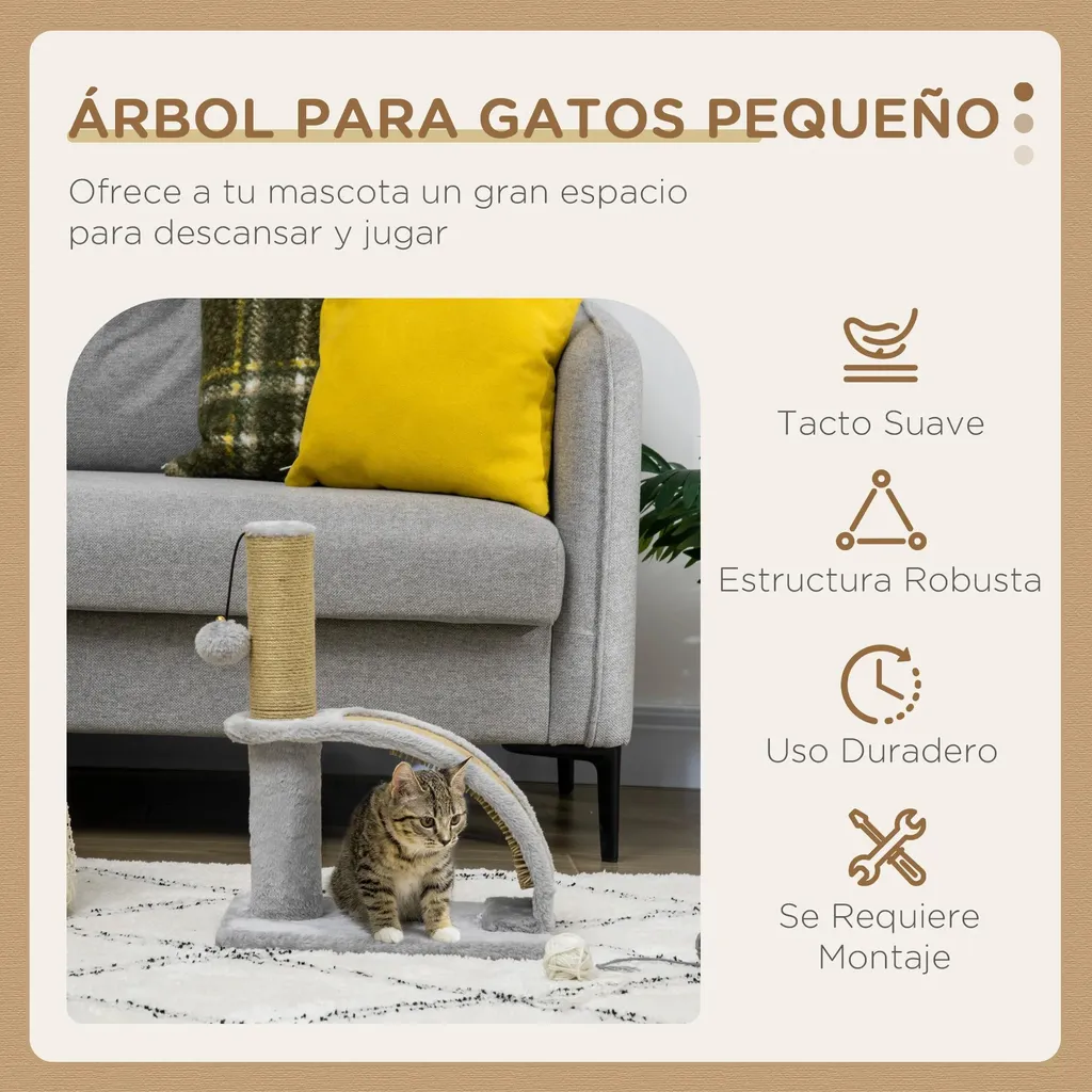 Arbre à chat gris double plateforme 43 cm - Structure stable en particules
