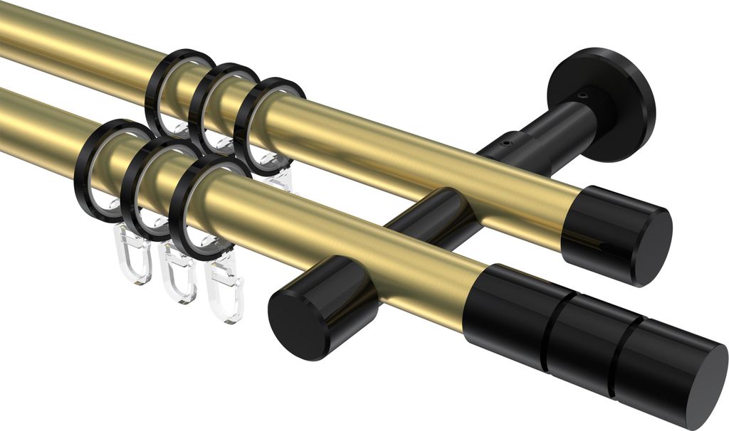 Interdeco Gardinenstange / Vorhangstange Messing-Optik / Schwarz, Typ Prestige Elanto (Rillenzylinder), 20 mm Ø 2-läufig, 100 cm