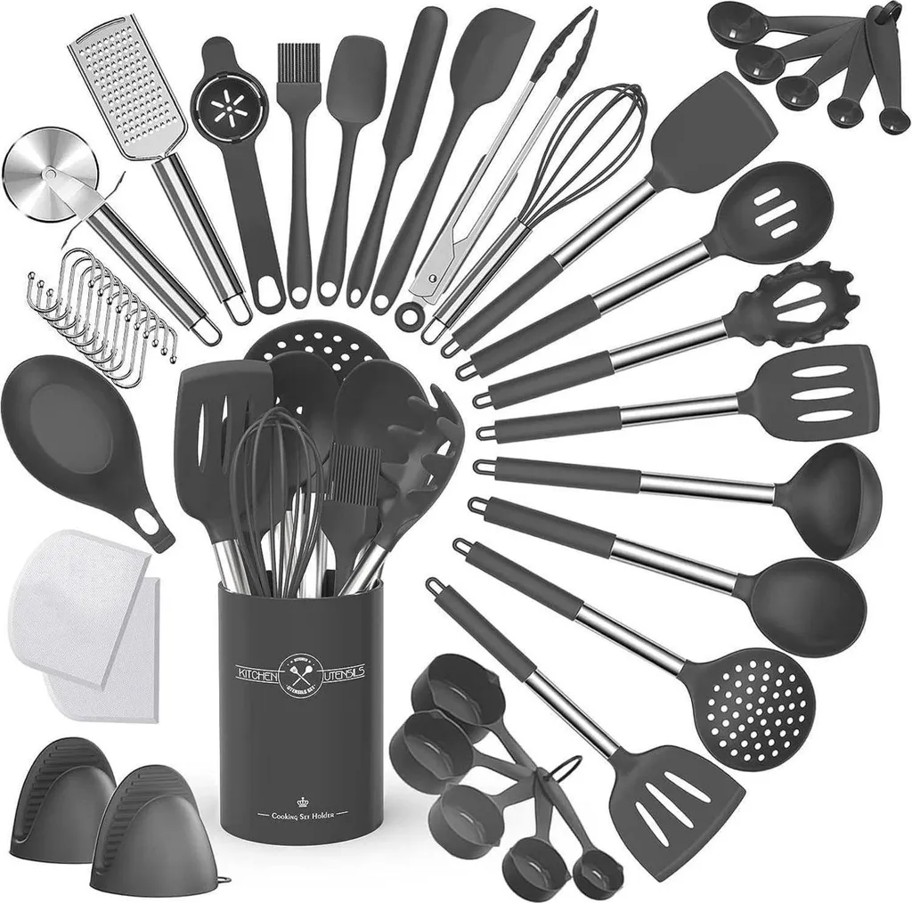 Set di utensili da cucina in silicone con portautensili e manico in acciaio inox