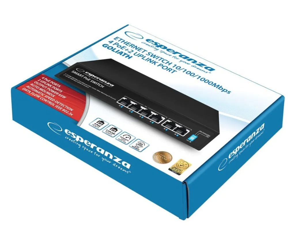 Commutateur Ethernet Esperanza 4 PoE + 2 Uplink 10/100/1000 Goliath
